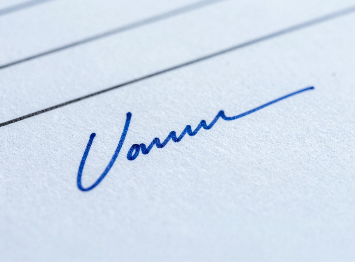 Extreme close-up of a crisp printed document with signature lines, high contrast studio lighting, sharp focus, cool tones.