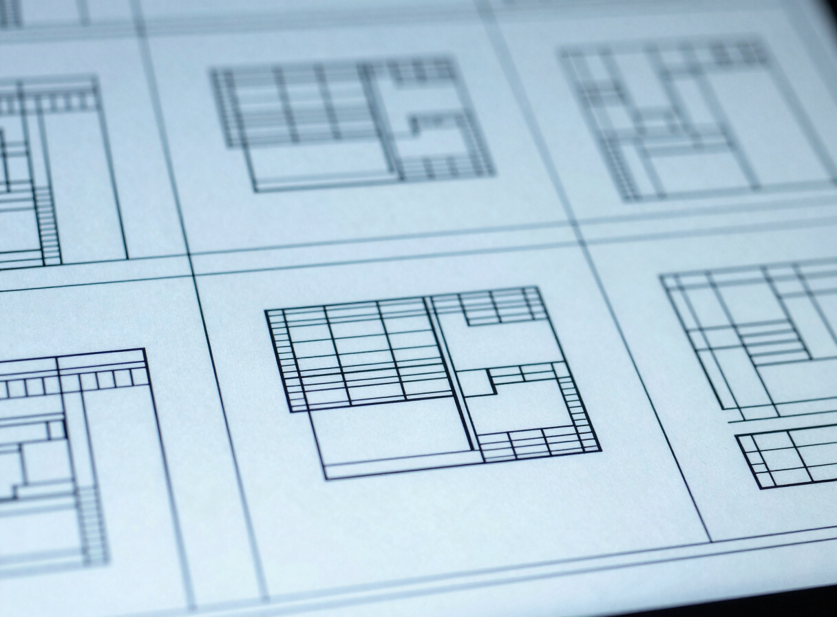 Macro shot of a neatly organized digital wireframe on a monitor, high contrast cool lighting, blueprint blue tones, sharp focus.